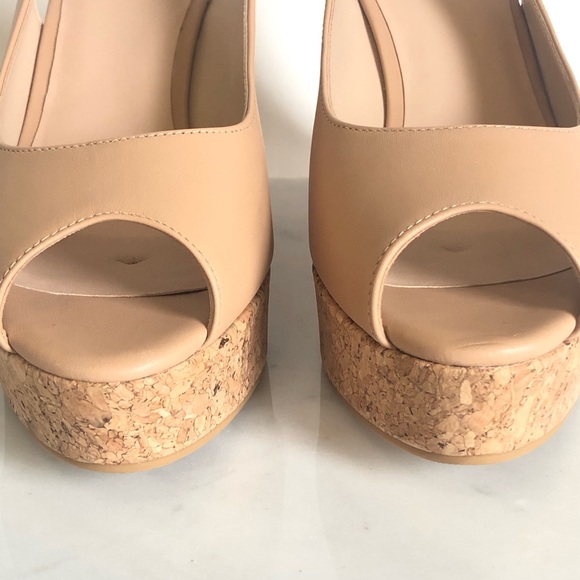 Stuart Weitzman Nude Peep Toe Slingback Wedge Sandals - Picture 6 of 17